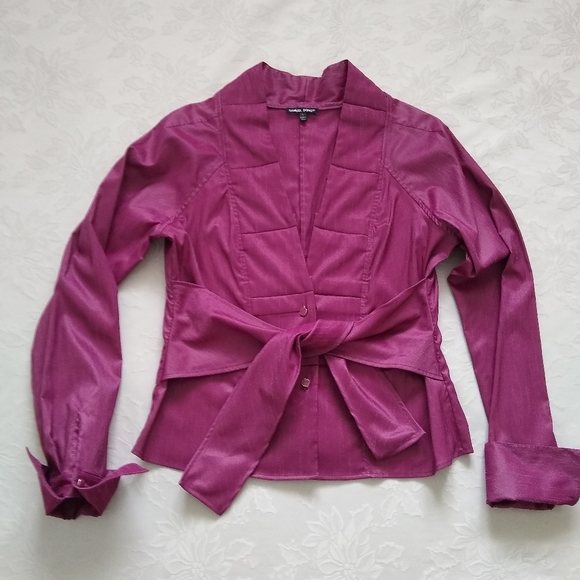 Samuel Dong stretch dupioni v-neck waist ties rasberry pink long sleeves